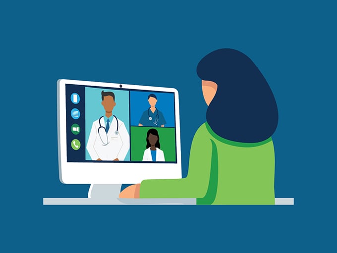 指定你的专家医生-在电脑屏幕上与医生交谈的女人的插图